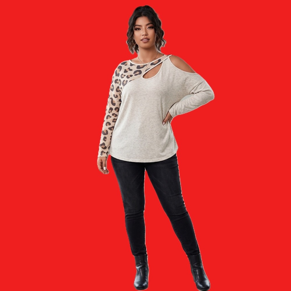 Lovely Melody Leopard Print Colorblock Asymmetrical Cutout Shoulder Top Medium